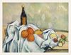 Still life painting with fruits and a bottle on a tablecloth