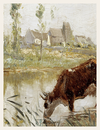 Painting of a cow by a lake with a village in the background