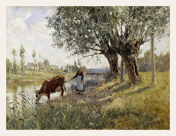 Painting of a woman with a cow by a river in a pastoral setting