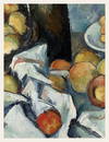 Artistic depiction of peaches and a bottle with a white cloth, in a style reminiscent of Cezanne.