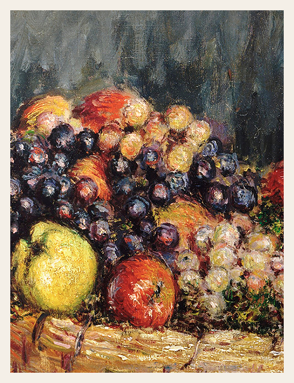 Still life painting of fruits including apples and grapes on a wooden surface.