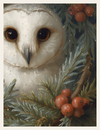 Close-up of a snowy owl with berries and branches