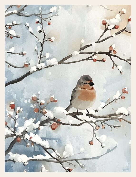 Bird perched on a branch with snow and berries in the background