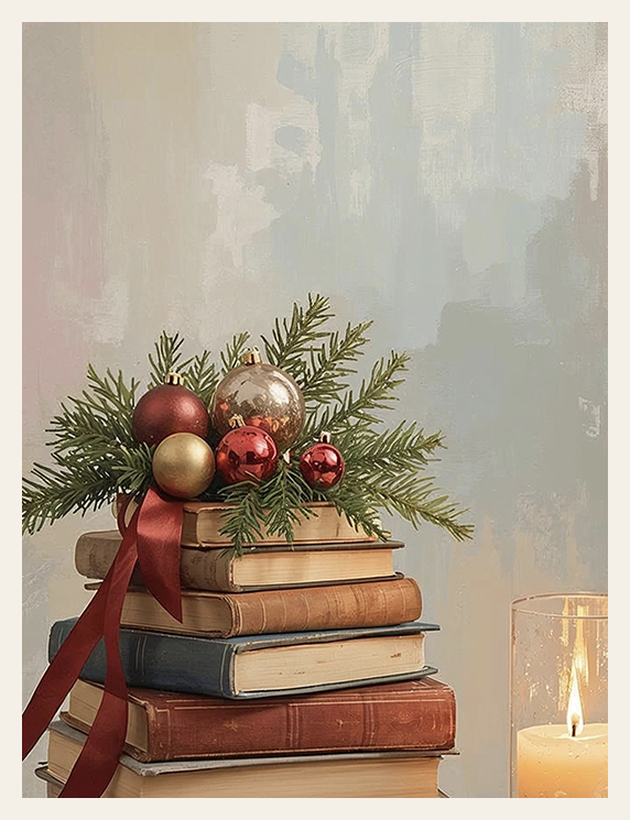 Stack of books with Christmas ornaments and greenery on a light background