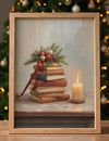 Framed artwork of stacked books with a candle and Christmas decorations against a blurred festive background.