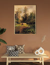 Framed landscape painting on a wall above a wooden bench with decorative pillows and vases.