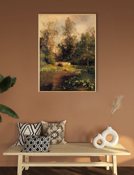 Framed landscape painting on a wall above a wooden bench with decorative pillows and vases.