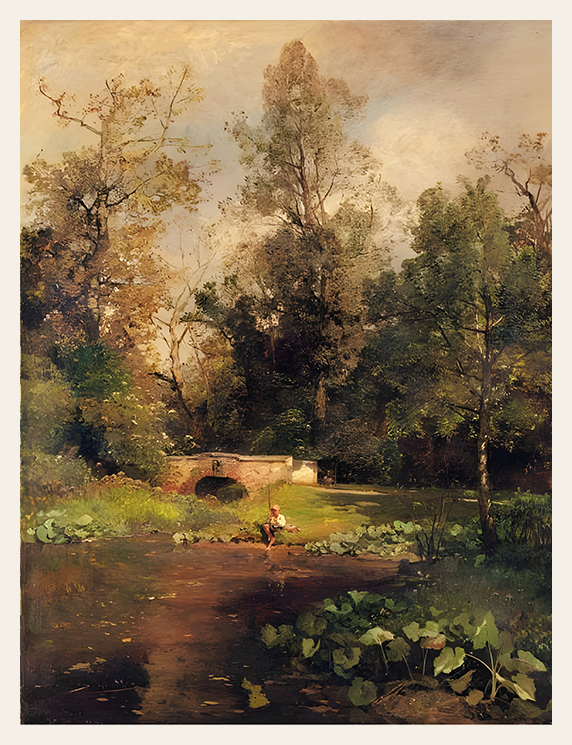 Landscape painting of a bridge in a forest with a person fishing