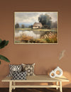 Framed landscape painting above a wooden bench with decorative pillows and vases.