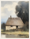 Painting of a small house with a person on the roof, surrounded by trees and mist.