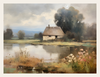 Painting of a cottage by a lake with trees and flowers in the foreground