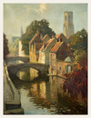 Painting of a canal scene with buildings and a bridge in a European town.