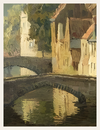 Painting of a bridge over water with buildings and trees in the background