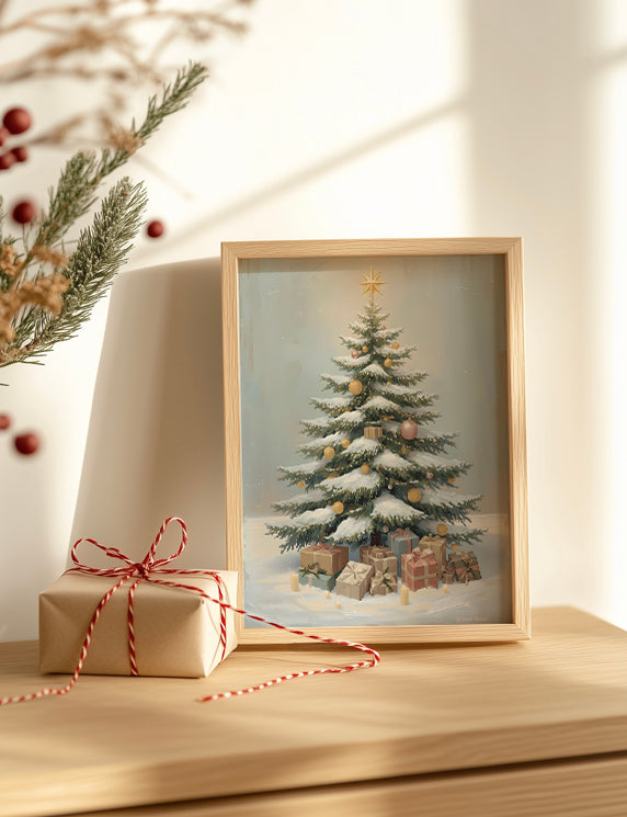Framed Christmas tree print with presents on a wooden surface next to a wrapped gift.
