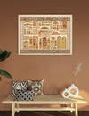 Decorative wall art on a brown wall with a wooden bench and decorative items.