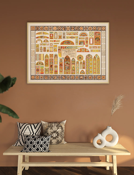 Decorative wall art on a brown wall with a wooden bench and decorative items.