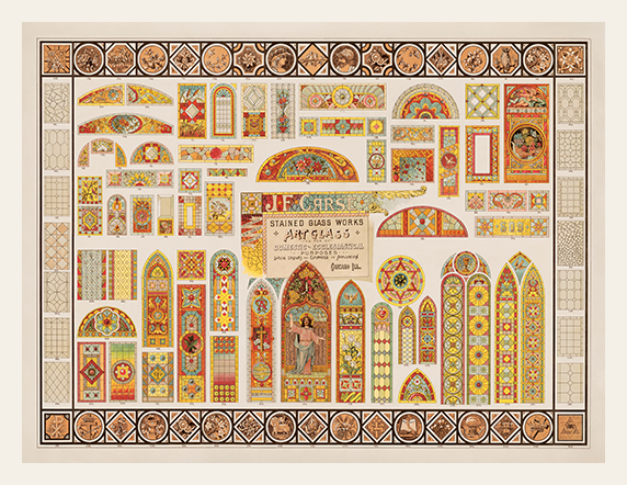 Stained glass design elements and patterns on a decorative background