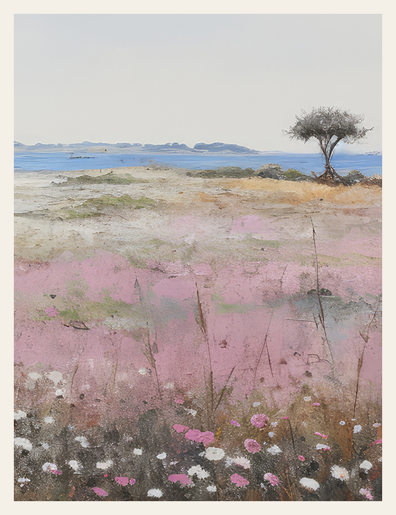 Artistic depiction of a landscape with a tree, pink flowers, and a body of water.
