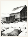 Pencil drawing of a wooden barn with snow on the ground