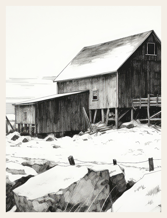 Pencil drawing of a wooden barn with snow on the ground