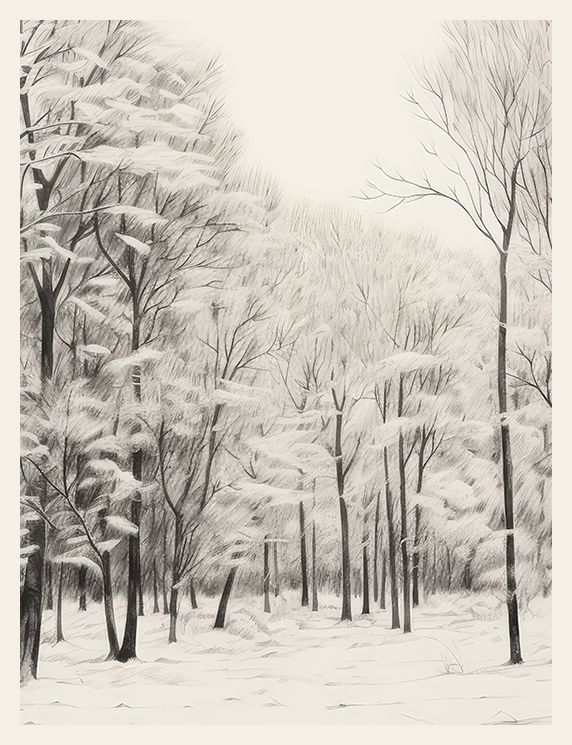 Pencil drawing of a snowy forest landscape