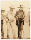 Illustration of three cowboys in a line, wearing hats and holding ropes.