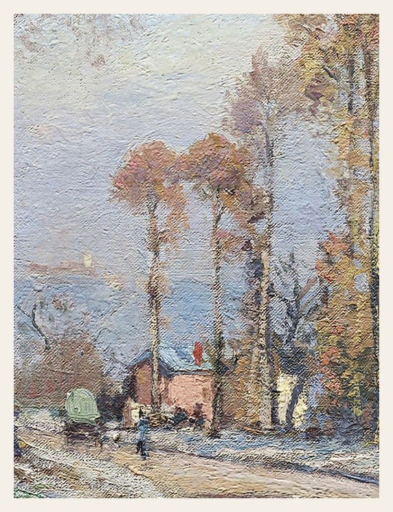 Painting of a village scene with trees and a house.