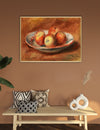 Framed painting of apples on a plate above a wooden bench with decorative pillows and vases.