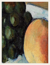 Still life painting of grapes and a peach on a white cloth with a brown background