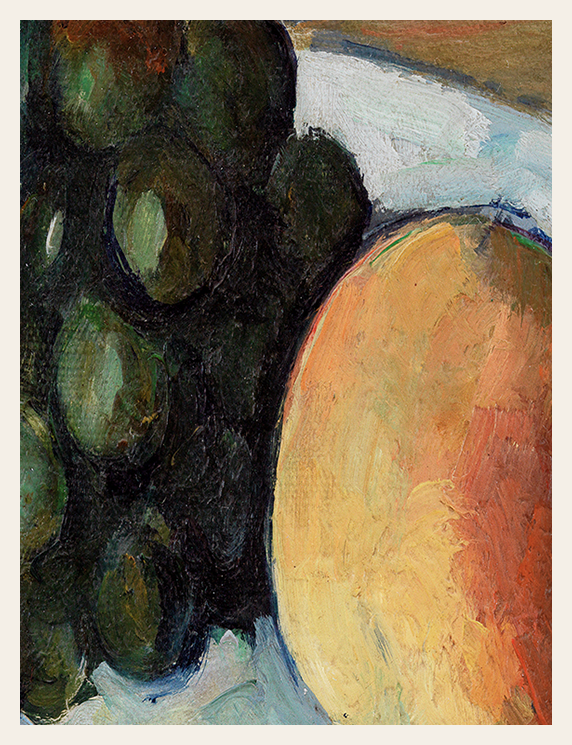 Still life painting of grapes and a peach on a white cloth with a brown background