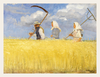 Painting of three people in a wheat field with a scythe and sickle.