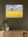 Framed painting of three people in a field with a scythe and rake, above a wooden cabinet.