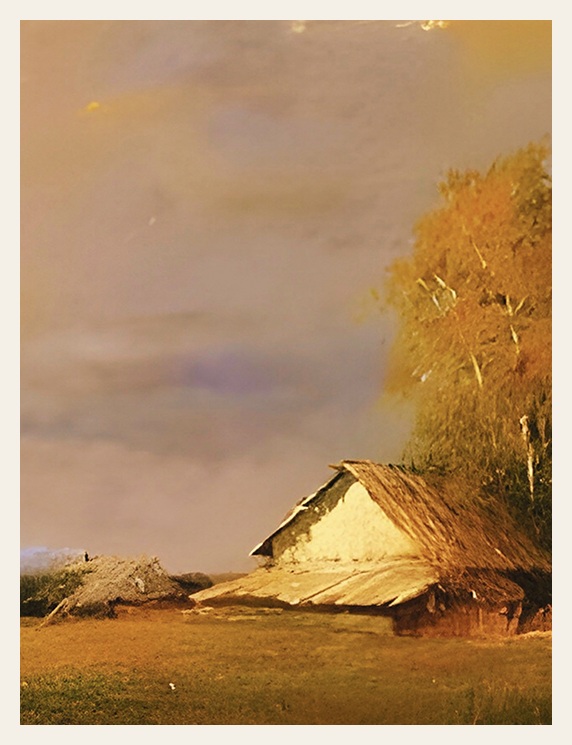 Rustic wooden cabin in a field with a warm, golden glow