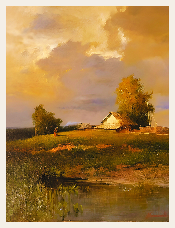 Painting of a rural landscape with a woman walking near a hut under a dramatic sky.