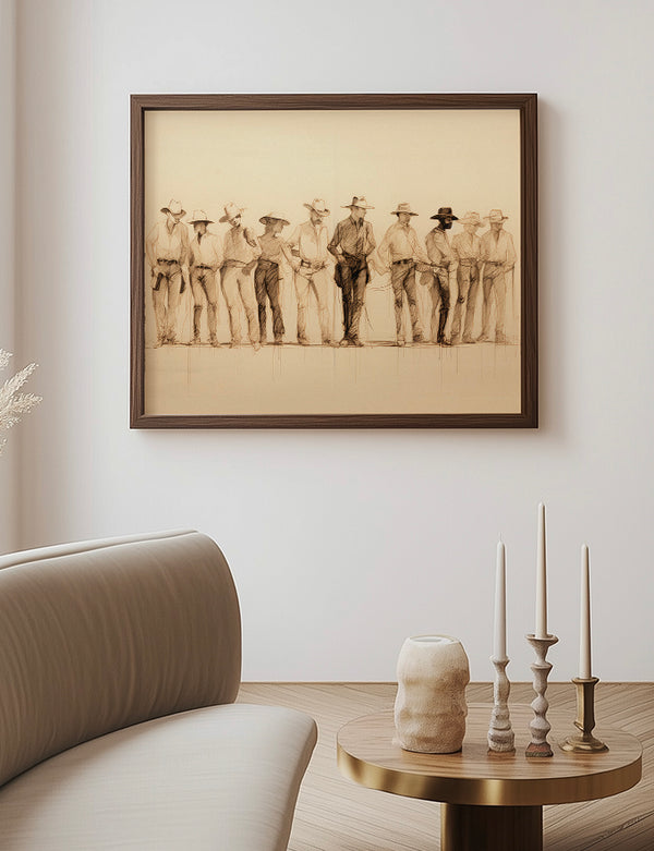 Framed black and white photograph of a group of people on a wall above a sofa and side table.