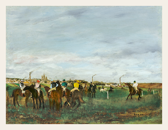Painting of a horse race with jockeys on horses in a field.