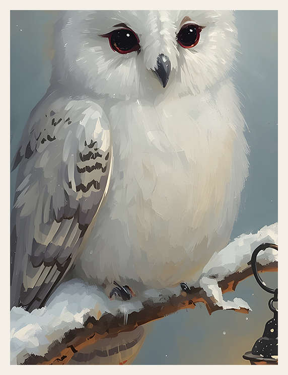White owl with red eyes perched on a branch with snow in the background