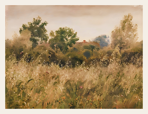 Landscape painting of a field with trees and a house in the distance