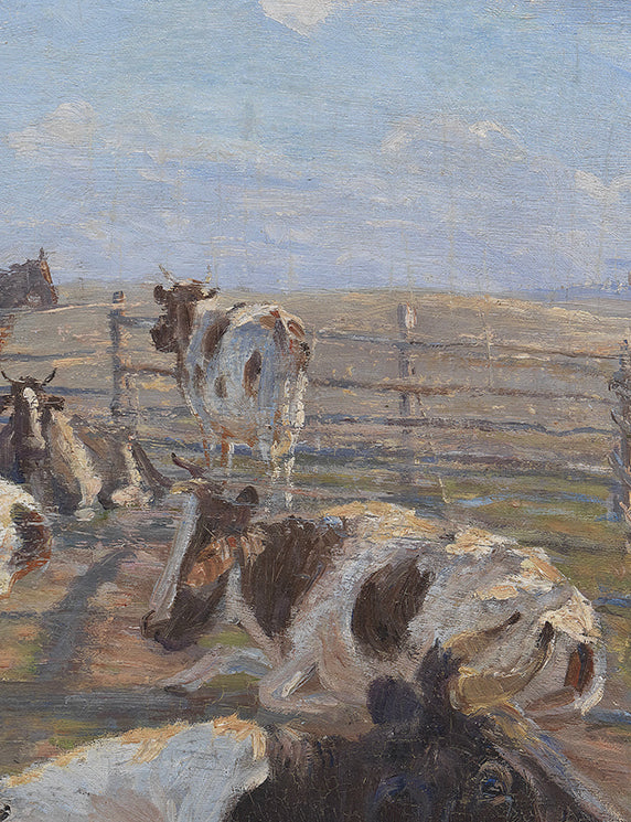 Painting of cows in a field with a wooden fence and blue sky.