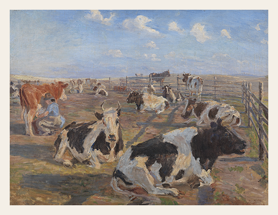 Painting of cows in a pen with a fence and open sky
