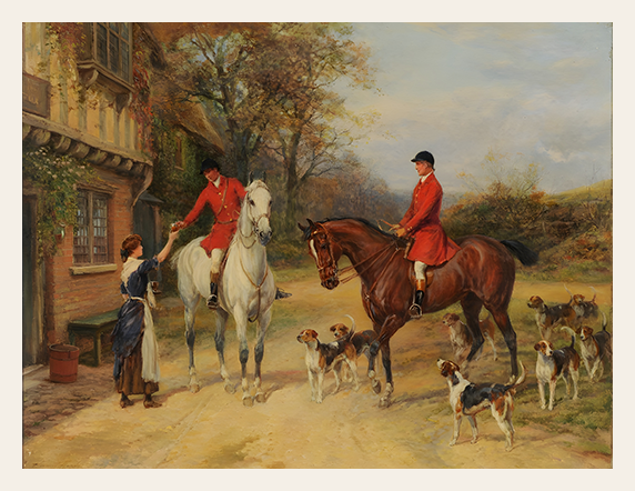 Morning at the Inn captures a moment of social ritual and rural grace. Two riders in red hunting coats and black helmets sit astride their horses—one white, one brown—engaged in conversation with a woman in a long dress and apron. Around them, a pack of foxhounds gathers attentively