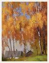 Painting of autumn trees with a house in the background