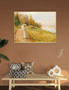 Framed landscape painting on a wall above a wooden bench with decorative pillows and vases.