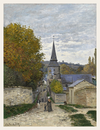 Painting of a village street with a church spire and people walking.