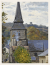 Painting of a church with a tall steeple and surrounding landscape.