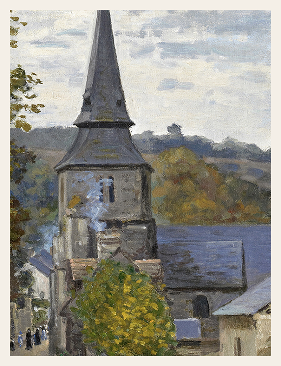 Painting of a church with a tall steeple and surrounding landscape.