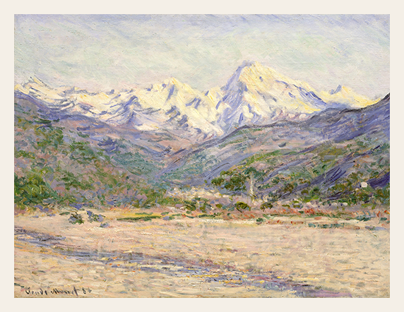 Painting of a mountain landscape with a river and snow-capped peaks.