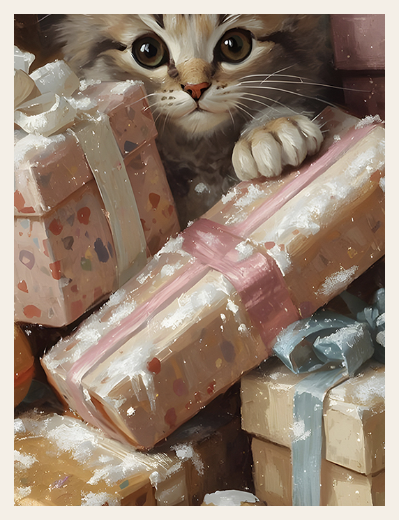 Cat peeking out from behind wrapped presents with snow on the ground