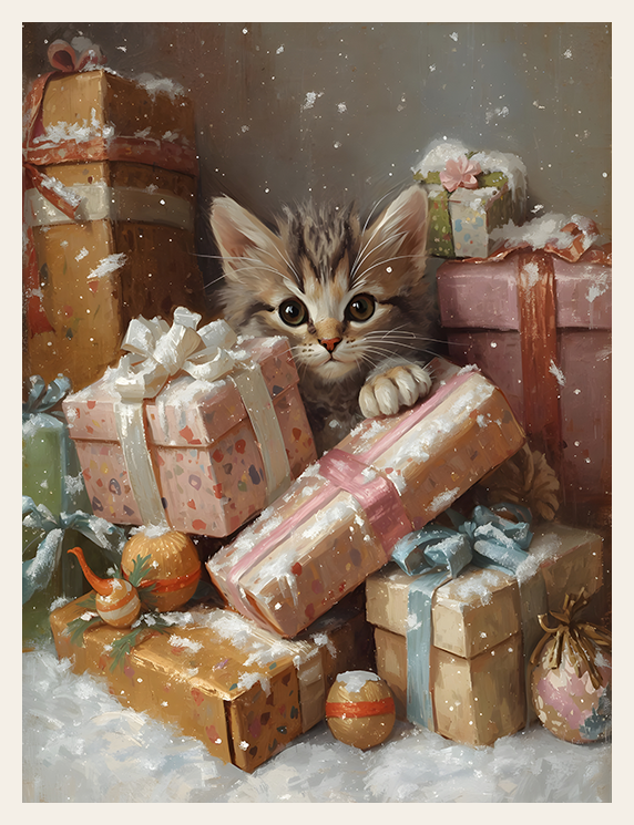 Kitten among Christmas presents in a snowy scene
