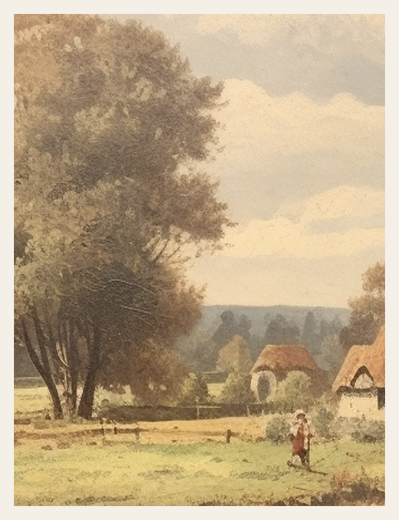 Landscape painting of a rural scene with trees, buildings, and a person walking.